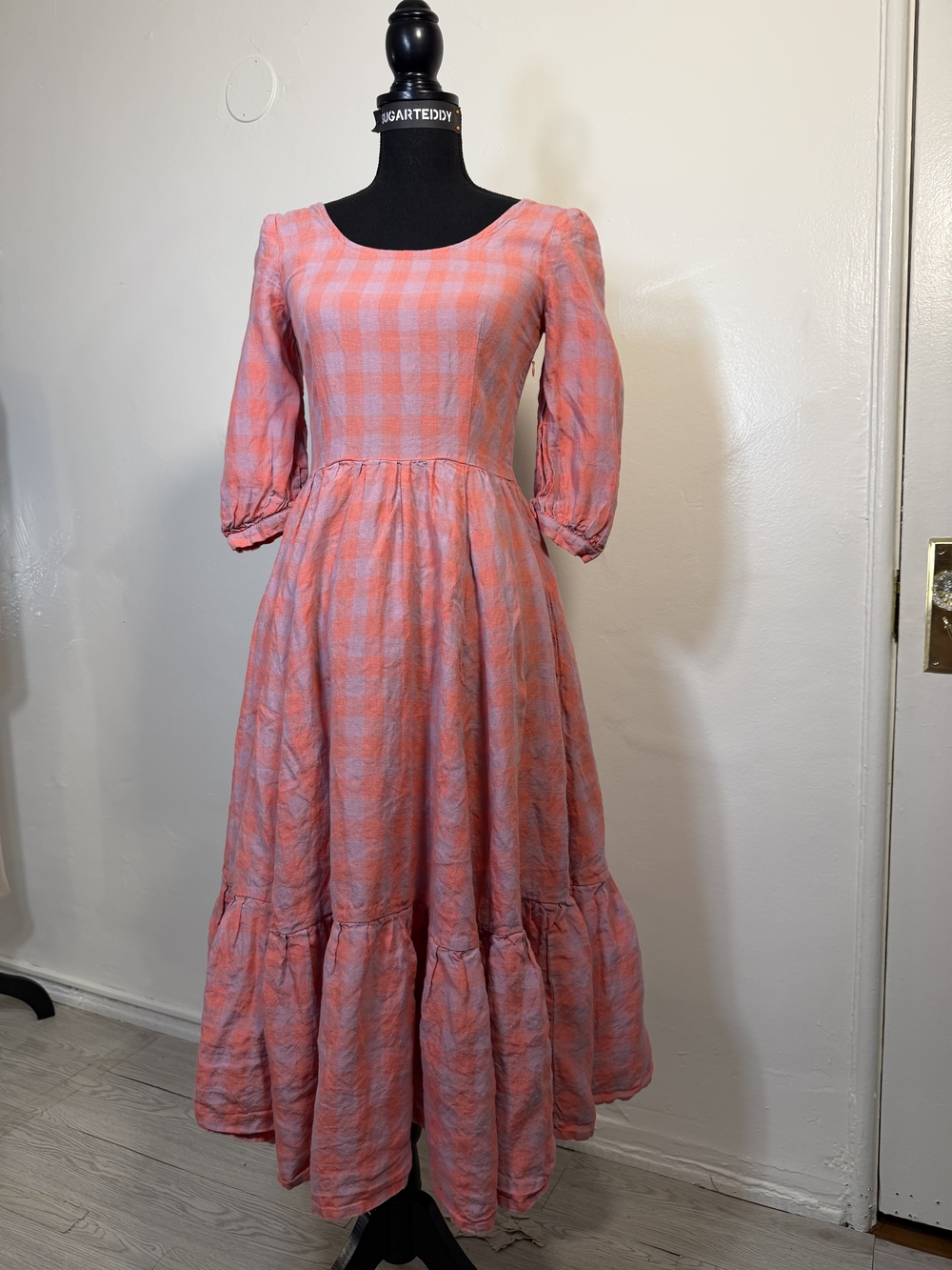 Women's Pink Gingham Check Midi Dress -3/4 Sleeved Ruffled Hem - Picture 4 of 11
